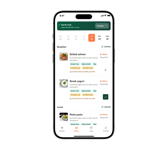 CampusBite dining hall menu screen